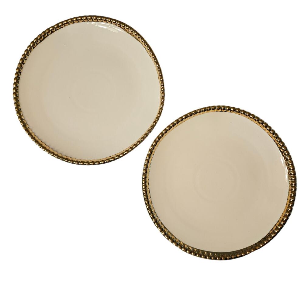 2 Pristine Baroque Collection White Porcelain Plates with Gold Beaded Rim 8.5"